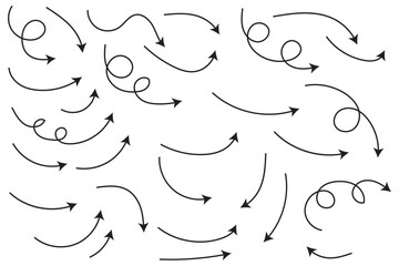 Wall Mural - arrows hand drawn doodle icons set. curved cartoon arrows sketches collection. flat and thin pointer