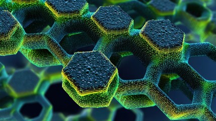 Wall Mural - microscopic view of graphene sheets forming hexagonal structures, highlighting their alignment and p