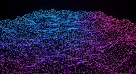 Abstract wireframe landscape with blue and purple gradient on a dark background rendering art