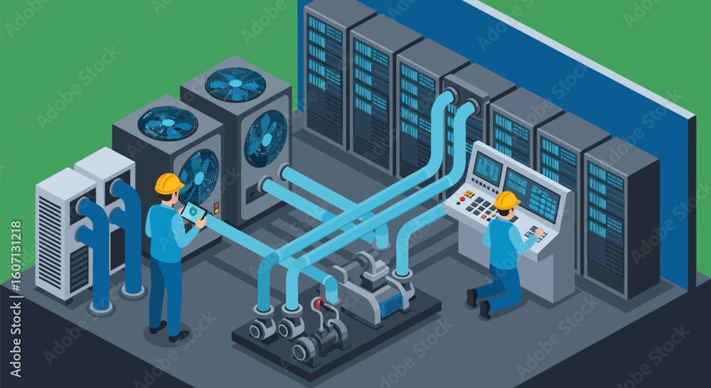 Isometric Vector Illustration of Data Center Cooling System with ...