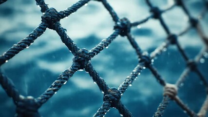Wet netting against a blurry blue backdrop