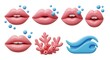 © Mila - Pink lips illustration set with bubbles coral reef and wave