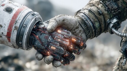 Wall Mural - Close-up handshake between astronaut and alien with glowing circuitry in hand