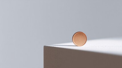 Wall Mural - close-up of minimalist arrangement featuring single coin balanced on edge of white table