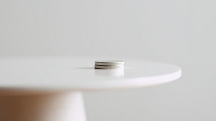 Wall Mural - close-up of minimalist arrangement featuring single coin balanced on edge of white table