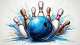 bowling strike concept blue bowling ball hits bowling pins white background