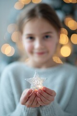 Wall Mural - close-up of young white girl holding star ornament blurred bokeh lights in background