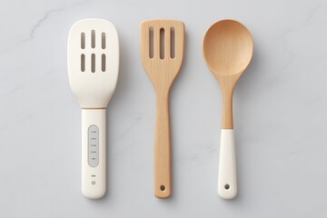 Wall Mural - flat 3d view of kitchen mitts timer and ladle with clear spacing shadows subtle on white