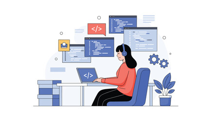 Creative programmer working on a laptop in a modern office environment coding diverse projects