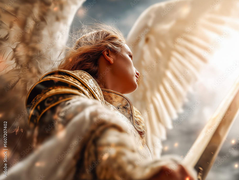 A detailed major plan of the warrior angel woman in a golden armor with ...