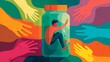 © Auraclicks - Colorful visual metaphor of addiction psychology showing person trapped inside a pill bottle with reaching hands symbolic mental health art in modern illustrative style