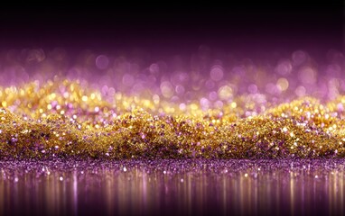 Purple and gold glitter background with bokeh.
