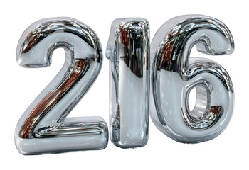 Shiny metallic number 216 displayed in modern environment perspective isolated on transparent background