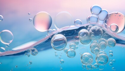 Wall Mural - a closeup of transparent water bubbles floating on top with pink and white bubble clouds swirling in