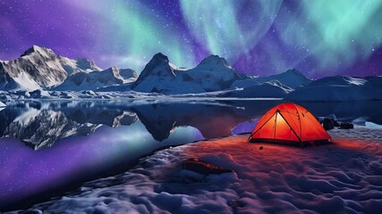 Wall Mural - Antarctica Aurora Reflections Dance Time Lapse Above Tent Pan L Generative AI