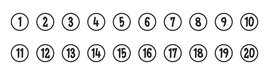 Wall Mural - bullet points icon set in line style, simple round numbers in flat style, set of 1-20 numbers simple