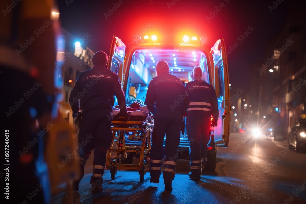 Paramedic team loading patient into ambulance at night, red lights ...