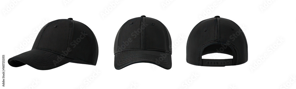 Three views of a black baseball cap Stock Photo | Adobe Stock