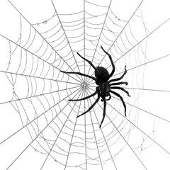Black spider on a detailed intricate web covered in morning dew drops isolated on transparent background