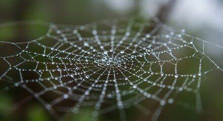 Spider Web Adorned with Morning Dew: A delicate spider web glistens with glistening water droplets, meticulously woven to perfection, against the backdrop of blurred nature.