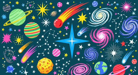 Wall Mural - cosmic illustration planets, stars, galaxies, and celestial bodies in a vibrant arrangement