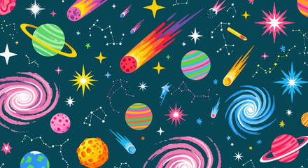 Wall Mural - vibrant seamless space pattern illustration with colorful planets, twinkling stars, and swirling gal