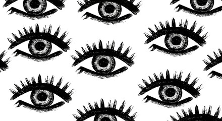 Wall Mural - Bold Hand-Drawn Grunge Eye Pattern Illustration with Stylized Eyelashes on White Background, Abstract Vision Design for Contemporary Graphics and Textiles