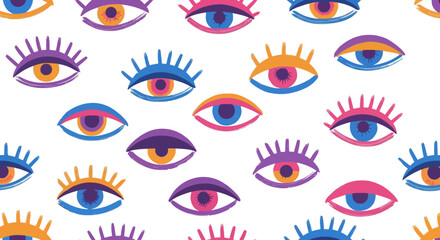 Wall Mural - Vibrant Seamless Pattern of Stylized Eyes with Colorful Lashes and Irises, Abstract Bohemian Vision Vector Illustration for Trendy Graphic Design Backgrounds and Textile Prints