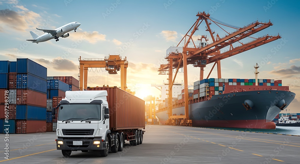 A view of global logistics with cargo ship truck and airplane at a port ...
