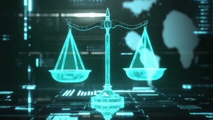 Wall Mural - futuristic digital justice scale with hi-tech background representing law and fairness in modern soc