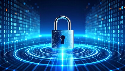 cybersecurity concept featuring a floating metallic padlock in an abstract digital environment with 