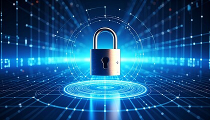 cybersecurity concept with a floating metallic padlock at the center of a glowing blue digital netwo