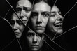 © Janja - Woman reflecting multiple emotions and personalities in broken mirror