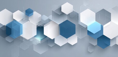 Wall Mural - abstract background with hexagons and cubes in grey, white, and blue colors for a technology or busi