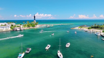 Wall Mural - aerial drone view of Hillsboro Inlet, Florida with lighthouse and ocean