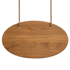 Rustic oval wooden sign hanging by ropes isolated on transparent background