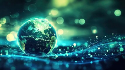 Wall Mural - vibrant earth illustration surrounded by abstract light waves and bokeh effects for artistic backgro