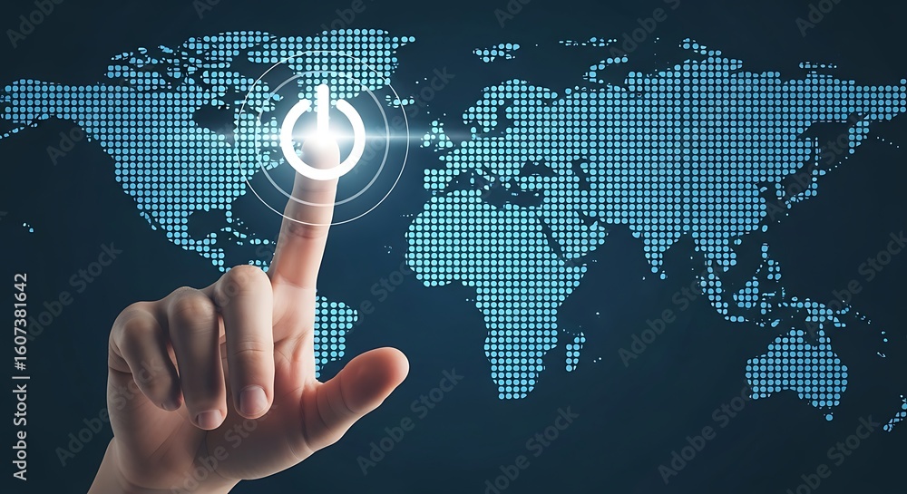 Finger touching a power button on a digital world map Stock ...