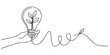 © NisatFarjana - Continuous line art drawing of a hand holding a lightbulb with a plant inside and a connecting wavy line with a leaf
