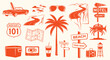 © ARTIST LAB - Vintage American road trip vector illustration set. Retro style graphics with car, motel sign, map, palm tree, and cooler for travel, vacation, and summer holiday design.