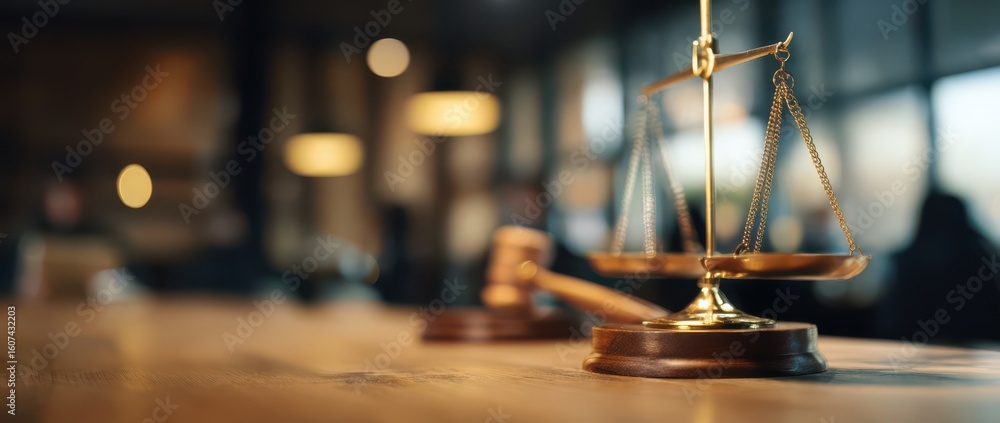 Gavel and wooden scales of justice on a desk in an office with a ...