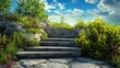 © Oleksandr - Serene stone stairway winding through lush greenery, leading upward against a vibrant blue sky with soft white clouds and rocky landscape