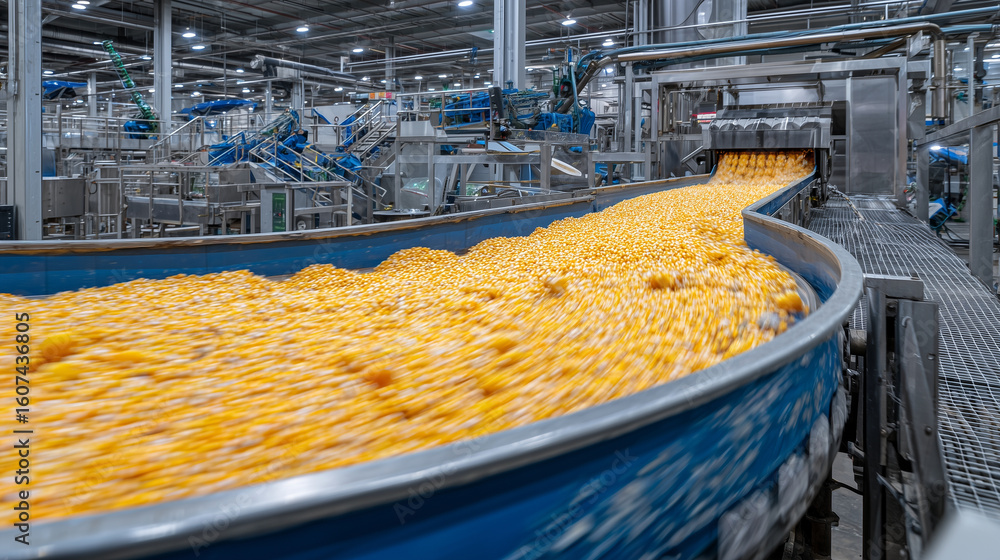 Wide view of an automated grain processing plant, golden kernels ...