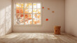 © rashedhossain - Warm autumn room with wooden stool and falling leaves interior window
