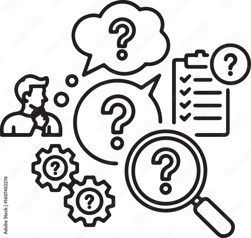 Line art illustration depicting a person thinking with question marks ...
