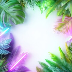 Wall Mural - jungle foliage with neon accents: tropical leaves form a vibrant frame around a blank space, enhance