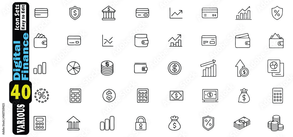 Collection of 40 black and white line art icons for digital finance ...
