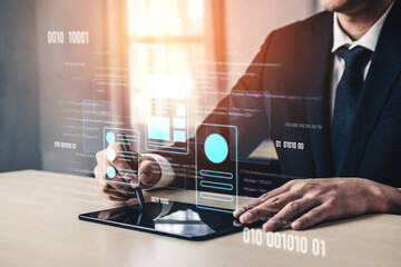 UI UX mockup showing application layout, structure, and code interface. UI design defines user flow, UI design improves clarity, UI design enhances experience, and UX design supports logic. Vouch
