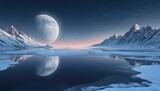 Frozen icy lake on alien moonset planet with serene background. Pristine snow covered lake surface, soft light from celestial moon. Mountain range in distance with misty peaks.