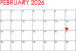 © ShakedN - February 2026 month calendar - Sunday to Saturday format. Simple design in red and black colors and a heart marking Valentine's Day on February 14th